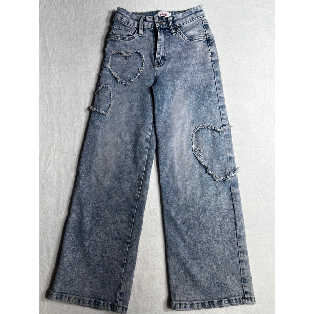 YMI Girl Kids Light Wash Wide Leg Heart Cutout Jeans Size 7 Acid Wash Denim